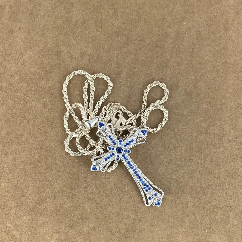 Sold Blue Sapphires 925 Silver Cross - Picture 8 of 10